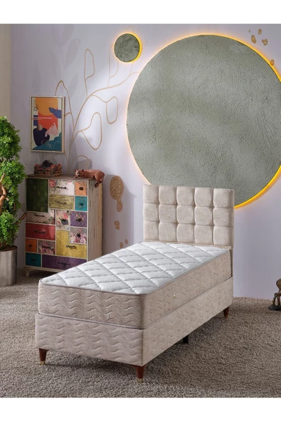 Beehanem Bengü 90x190 Tek Kişilik (Baza+Başlık+Yatak) 3 Lü Set (JeryyKrem) ürün görseli 1
