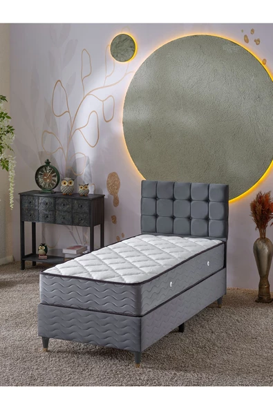 Beehanem Bengü 90x190 Tek Kişilik (Baza+Başlık+Yatak) 3 Lü Set (Gri) ürün görseli 1