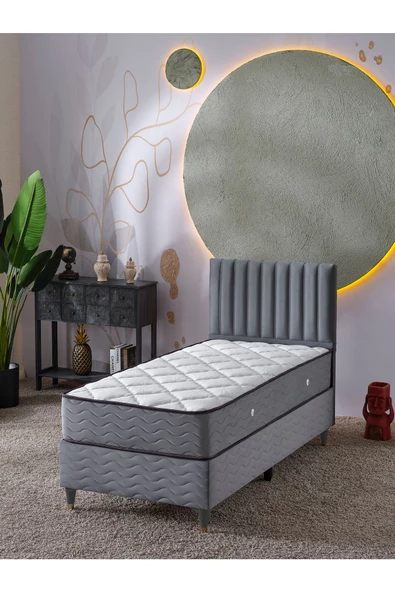 Beehanem Ezgi 90x190 Tek Kişilik (Baza+Başlık+Yatak) 3 Lü Set (Gri) ürün görseli 1