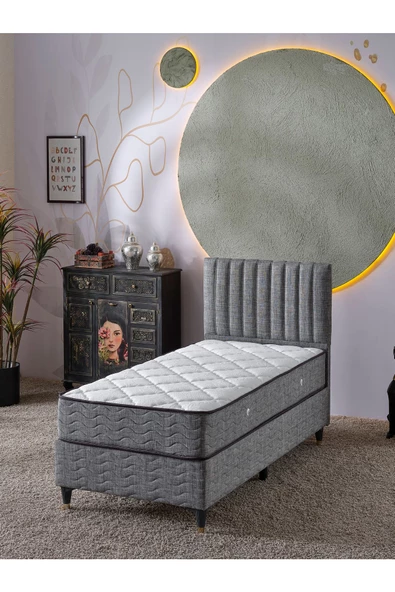 Beehanem Ezgi 90x190 Tek Kişilik (Baza+Başlık+Yatak) 3 Lü Set (Keten Gri) ürün görseli 1