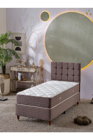 Beehanem Bengü 90x190 Tek Kişilik (Baza+Başlık+Yatak) 3 Lü Set (Kahve) ürün görseli 1