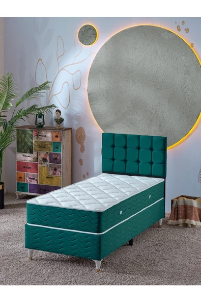 Beehanem Bengü 90x190 Tek Kişilik (Baza+Başlık+Yatak) 3 Lü Set (Yeşil) ürün görseli 1