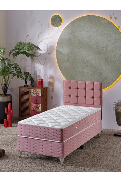 Beehanem Bengü 90x190 Tek Kişilik (Baza+Başlık+Yatak) 3 Lü Set (Pembe) ürün görseli 1