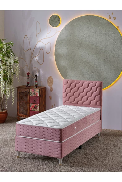 Beehanem Simge 90x190 Tek Kişilik (Baza+Başlık+Yatak) 3 Lü Set (Pembe) ürün görseli 1