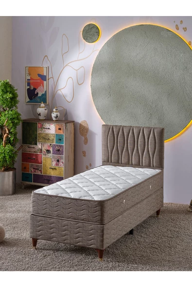 Beehanem Almula 90x190 Tek Kişilik (Baza+Başlık+Yatak) 3 Lü Set (Keten Kahve) ürün görseli 1