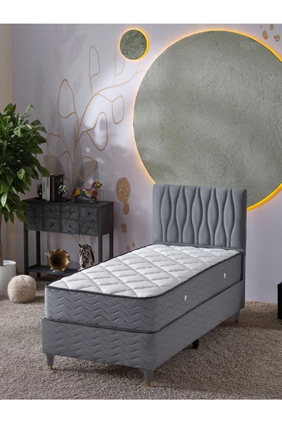 Beehanem Almula 90x190 Tek Kişilik (Baza+Başlık+Yatak) 3 Lü Set (Gri) ürün görseli 1