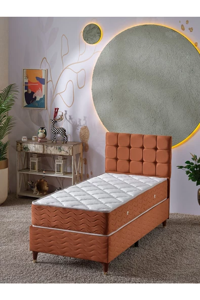 Beehanem Bengü 90x190 Tek Kişilik (Baza+Başlık+Yatak) 3 Lü Set (Kiremit) ürün görseli 1