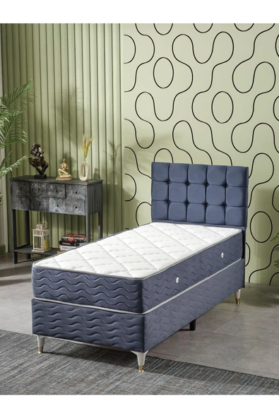 Beehanem Bengü 90x190 Tek Kişilik (BAZA BAŞLIK YATAK) 3 Lü Set (İNDİGO) ürün görseli 1