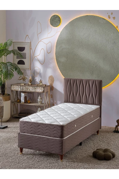 Beehanem Almula 90x190 Tek Kişilik (Baza+Başlık+Yatak) 3 Lü Set (Açık Kahve) ürün görseli 1