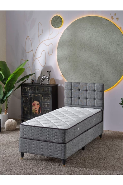 Beehanem Bengü 90x190 Tek Kişilik (Baza+Başlık+Yatak) 3 Lü Set(Keten Gri) ürün görseli 1