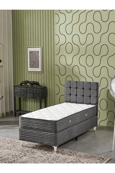 Beehanem Bengü 90x190 Tek Kişilik (Baza+Başlık+Yatak) 3 Lü Set (Jeryy Antrasit) ürün görseli 1