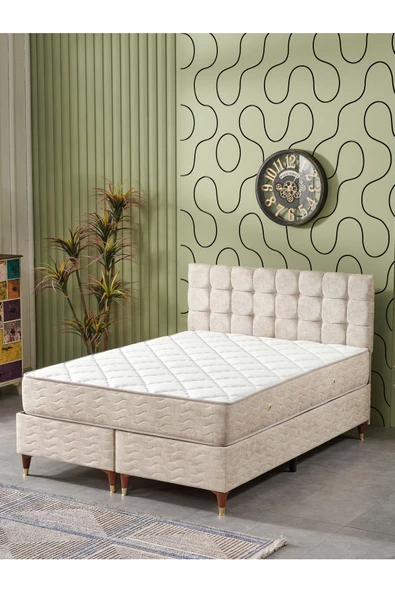 Beehanem 150x200 Bengü Çift Kişilik (BAZA+BAŞLIK+YATAK) 3 Lü Set (JERY KREM) ürün görseli 1