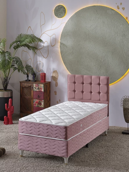 Beehanem Bengü 90x190 Tek Kişilik (BAZA BAŞLIK YATAK) 3 Lü Set (PEMBE) ürün görseli 1