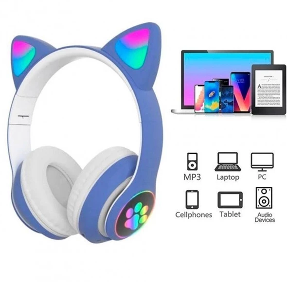 Sevimli Kedi LED Işıklı Katlanabilir Kablosuz Kulaküstü Bluetooth Kulaklık Uyumlu Mavi ürün görseli 1