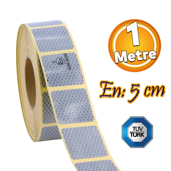Tüvtürk Onaylı Beyaz Gri Kesik Reflektörlü Bant Gece Parlayan En 5 cm 1 Mt İkaz Fosforlu Reflektif ürün görseli 1