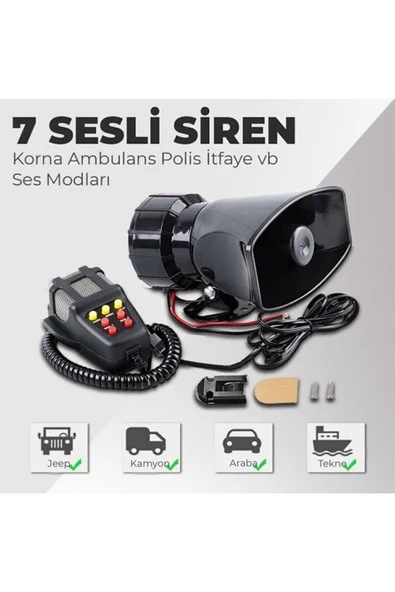 STS Oto Aksesuar Her Araca Uyumlu Universal 7 Sesli Konuşmalı Mikrofonlu Megafonlu Polis Siren ürün görseli 1
