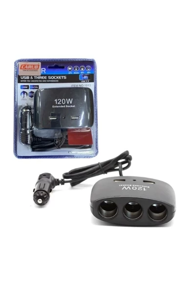 Carub ÇAKMAK SOKETİ 12-24V- 120W KABLOLU 3 LÜ 2 USB ürün görseli 1