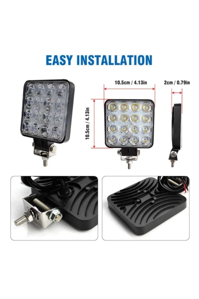 ARSVİSİON Off Road Beyaz Işık Sis Farı Lambası 16 Led Kare 2 Adet-12-24v 48 Watt 6500k ürün görseli 1