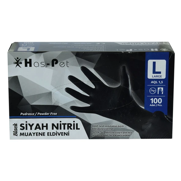 Has-Pet Pudrasız Siyah Nitril Eldiven Büyük Boy (L) 100 Lü Paket ürün görseli 1