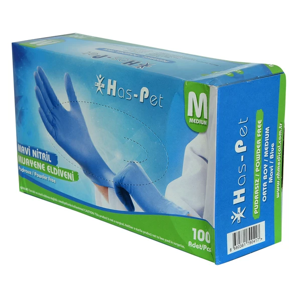Has-Pet Pudrasız Mavi Nitril Eldiven Orta Boy (M) 100 Lü Paket - Resim 2
