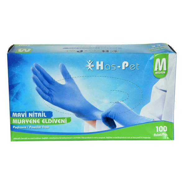 Has-Pet Pudrasız Mavi Nitril Eldiven Orta Boy (M) 100 Lü Paket ürün görseli 1