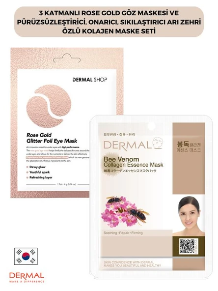 3 katmanlı Rose Gold Göz Maskesi ve Pürüzsüzleştirici, Onarıcı, Sıkılaştırıcı Arı Zehri Özlü Kolajen Maske Seti ürün görseli 1