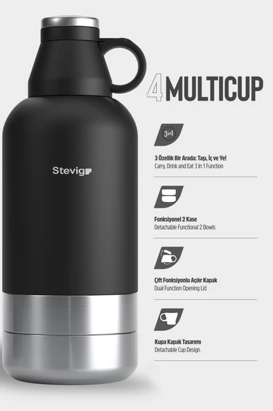 Stevig 4 Multi-Cup Çelik Termos 1,9 LT. Black ST-212 - Resim 2