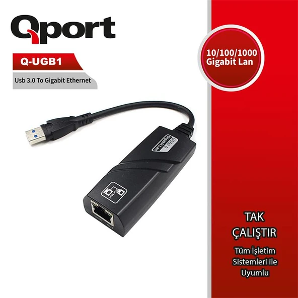 QPORT Q-UGB1 USB 3.0 TO GIGABIT ETHERNET 10/100/1000 DÖNÜŞTÜRÜCÜ ürün görseli 1