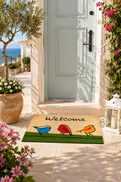 Esnature Chirp Birds Renkli Cıvıldıyan Kuşlar Kahverengi Welcome Kapı Önü Paspası 45x70 Cm ürün görseli 1