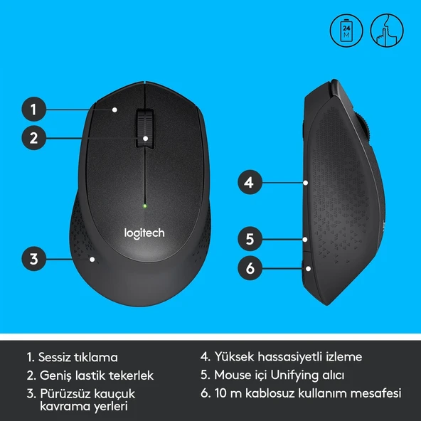 LOGITECH M330 KABLOSUZ SESSİZ USB OPTİK MOUSE SİYAH 910-004909 - Resim 3