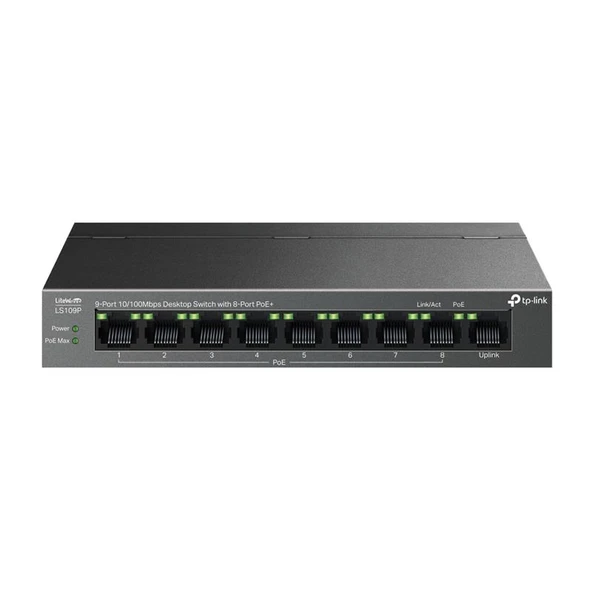 TP-LINK LS109P 8 PORT 10/100 +1 PORT RJ45 UPLINK 63W 250 METRE POE MESAFE METAL KASA SWITCH ürün görseli 1