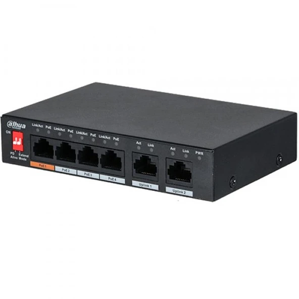 DAHUA PFS3006-4ET-60 4 PORT 10/100 + 2 PORT 10/100 UPLINK 60W POE METAL KASA SWITCH ürün görseli 1