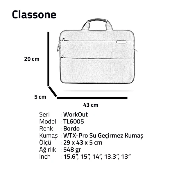 CLASSONE WORKOUT TL6005 15.6'' BORDO NOTEBOOK ÇANTASI ürün görseli 1