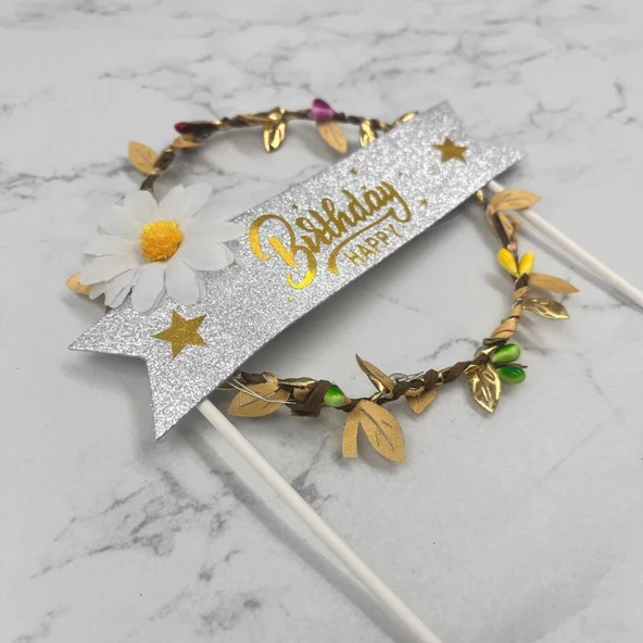 Lüks Pasta Üstü Çubuklu Happy Bırthday Yapraklı Işıklı 21 cm ürün görseli 1
