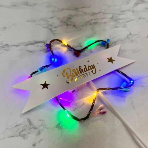 Lüks Pasta Üstü Çubuklu Happy Bırthday Yıldız Desenli Cipsolu Işıklı 21 cm ürün görseli 1
