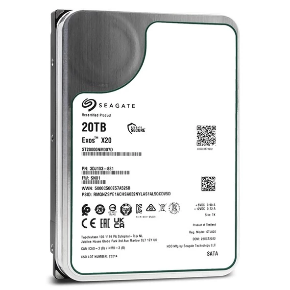 SEAGATE 20TB EXOS X20 ST20000NM007D 256MB 7200RPM SATA-3 NAS VE GÜVENLİK DİSKİ ürün görseli 1