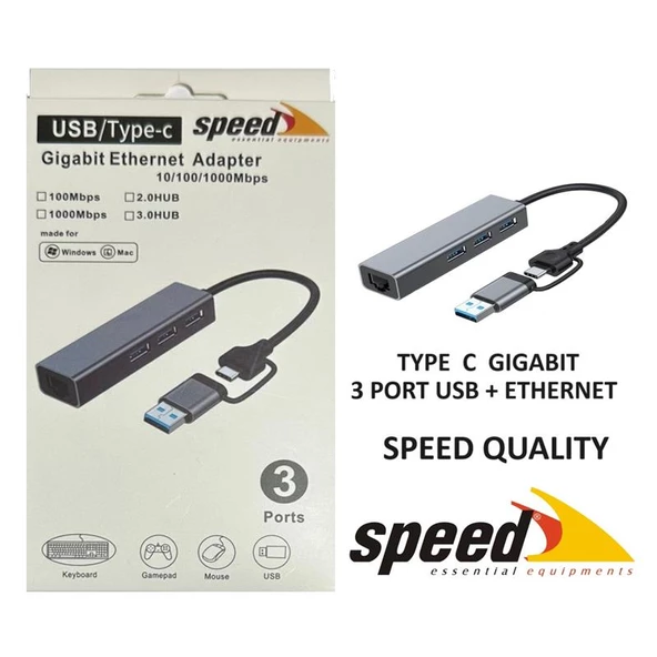 SPEED SP UET01 10/100/1000MBPS USB / TYPE-C 3 PORT USB 3.0 ÇOKLAYICI GIGABIT ETHERNET DÖNÜSTÜRÜCÜ ürün görseli 1