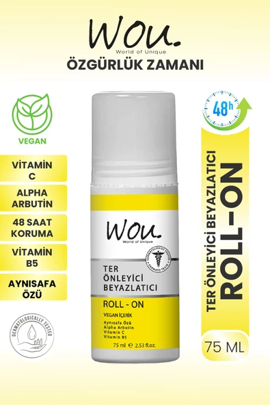 WOU World of Unique Ter Önleyici Ve Beyazlatıcı Roll On, Alpha Arbutin, Aynısafa Özlü Antiperspirant Whitening 75 ml ürün görseli 1