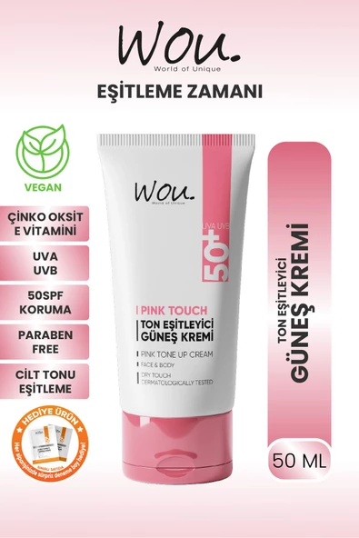 WOU World of Unique Pink Touch Ton Eşitleyici ve Aydınlatıcı Yüksek Koruma Etkili SPF50+ Güneş kremi 50ml-TÜM CİLTLER ürün görseli 1