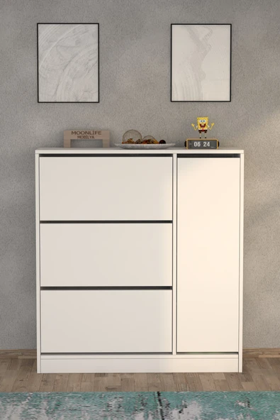 Moonlife Milano 3 Kapaklı Kayar Raflı Dolaplı Ayakkabılık Beyaz ürün görseli 1