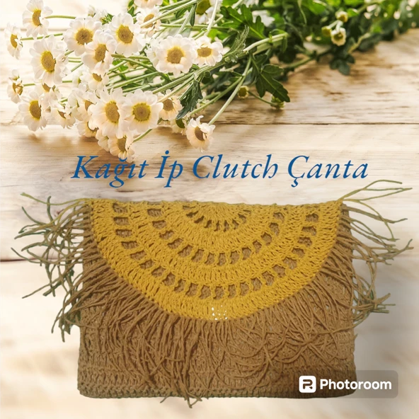 El Örgüsü Kağıt İp Clutch Çanta Sarı Püskül Detay ürün görseli 1