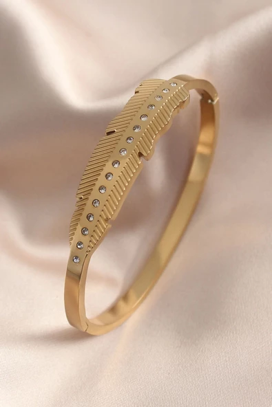 Gold Renk Yaprak Model Zirkon Taş Detay Kelepçe Kadın Bileklik ürün görseli 1