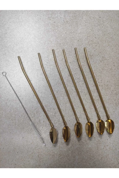 6'lı Paslanmaz Krom Pipetli Kokteyl Bar Kaşığı Ve Temizleme Fırçası, Pipetli Latte Kaşığı 22 Cm ürün görseli 1