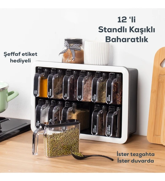 Porsima 1041 Standlı Kendinden Yapışkanlı Kaşıklı Kapaklı Baharatlık Takımı 12'Li Beyaz - Siyah ürün görseli 1
