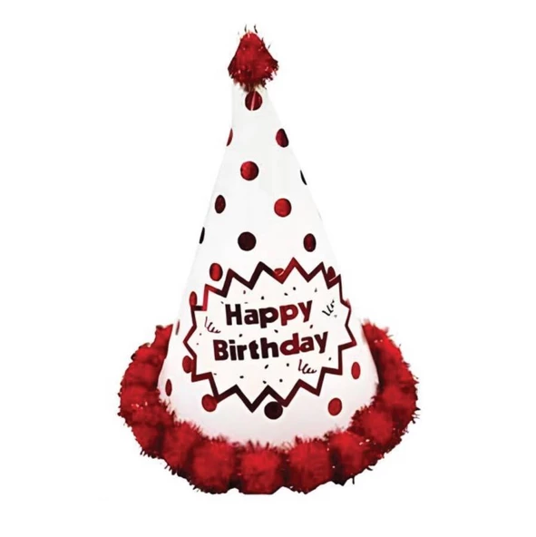 Happy Bırthday Parlak Parti Şapka Makaron Kırmızı Ponponlu 23 cm ürün görseli 1