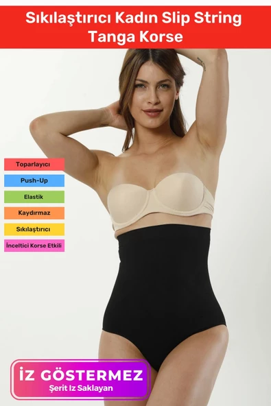 Yüksek Bel Karın Toparlayıcı Kaymaz İz Göstermeyen Sıkılaştırıcı Kadın Slip String Tanga Korse ürün görseli 1