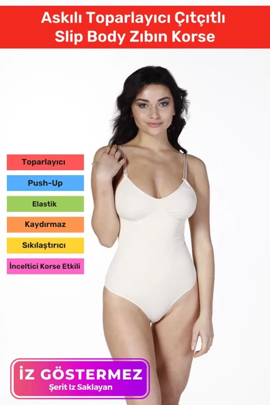 İz Saklayan Lazer Kesim İnceltici Etkili Push-Up Askılı Toparlayıcı Çıtçıtlı Slip Body Zıbın Korse ürün görseli 1