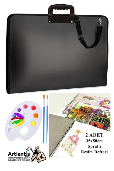 Resim Çantası 35x50 cm Resim Defteri Palet Fırça Seti 1 Paket Siyah Resim Proje Çantası Fermuarlı Kulplu 37x54 cm ürün görseli 1