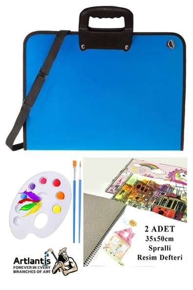 Resim Çantası 35x50 cm Resim Defteri Palet Fırça Seti 1 Paket Mavi Resim Proje Çantası Fermuarlı Kulplu 37x54 cm ürün görseli 1