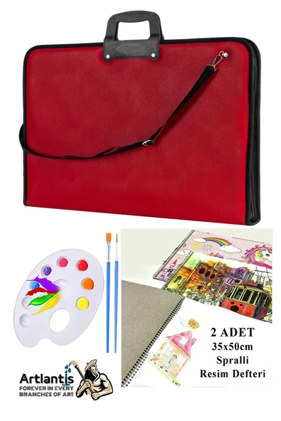 Resim Çantası 35x50 cm Resim Defteri Palet Fırça Seti 1 Paket Kırmızı Resim Proje Çantası Fermuarlı Kulplu 37x54 cm ürün görseli 1